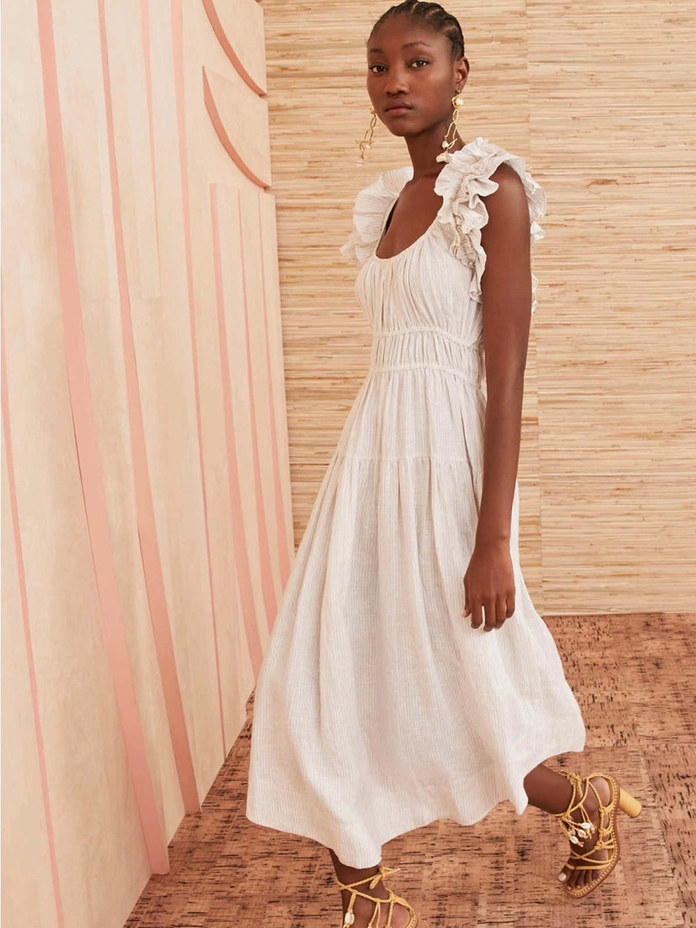 Ulla Johnson Rissa Cream Ruffle-Shoulder Midi Dress